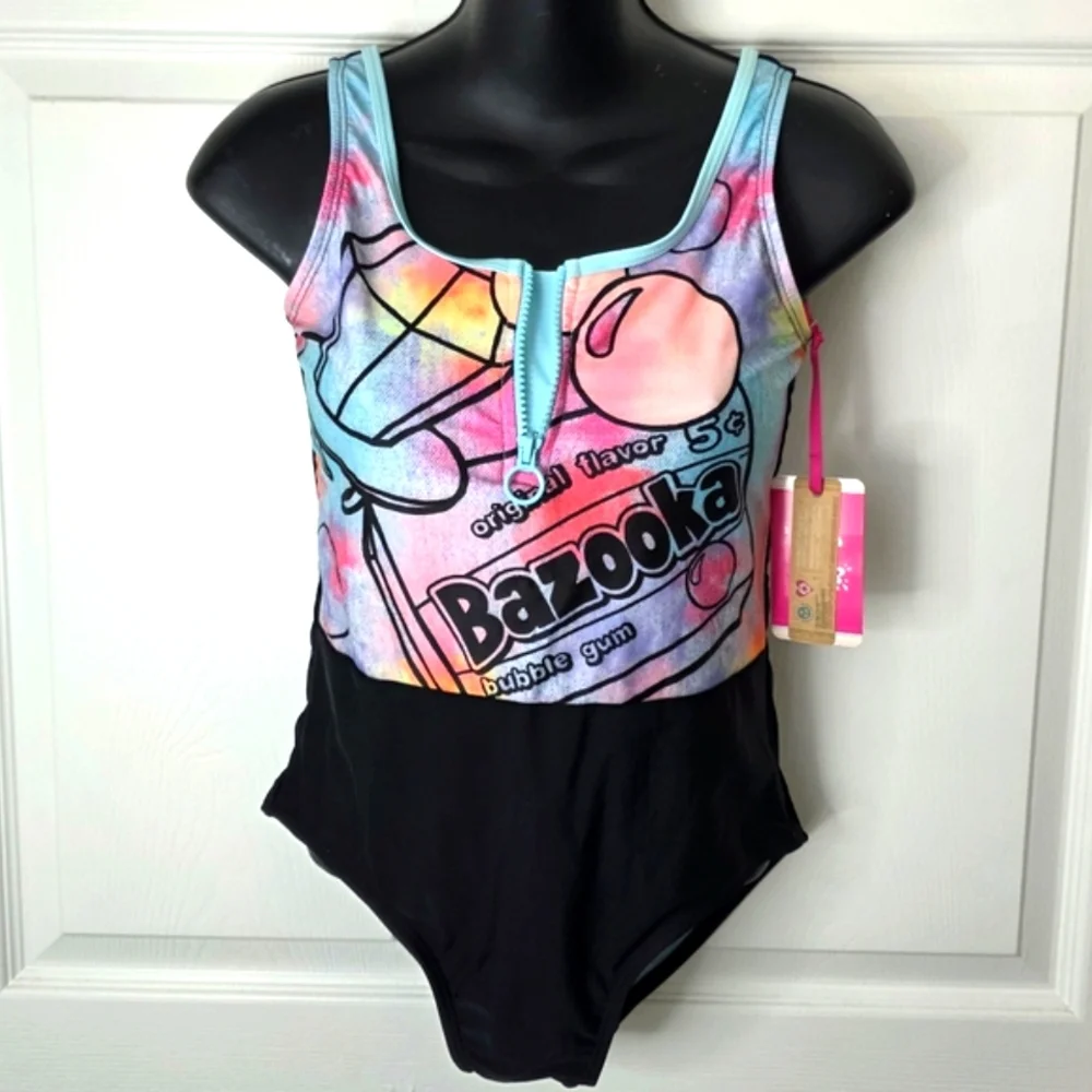 Justice Bazooka Logo Girls One-Piece Zip Front Junior Swimsuit. NEW